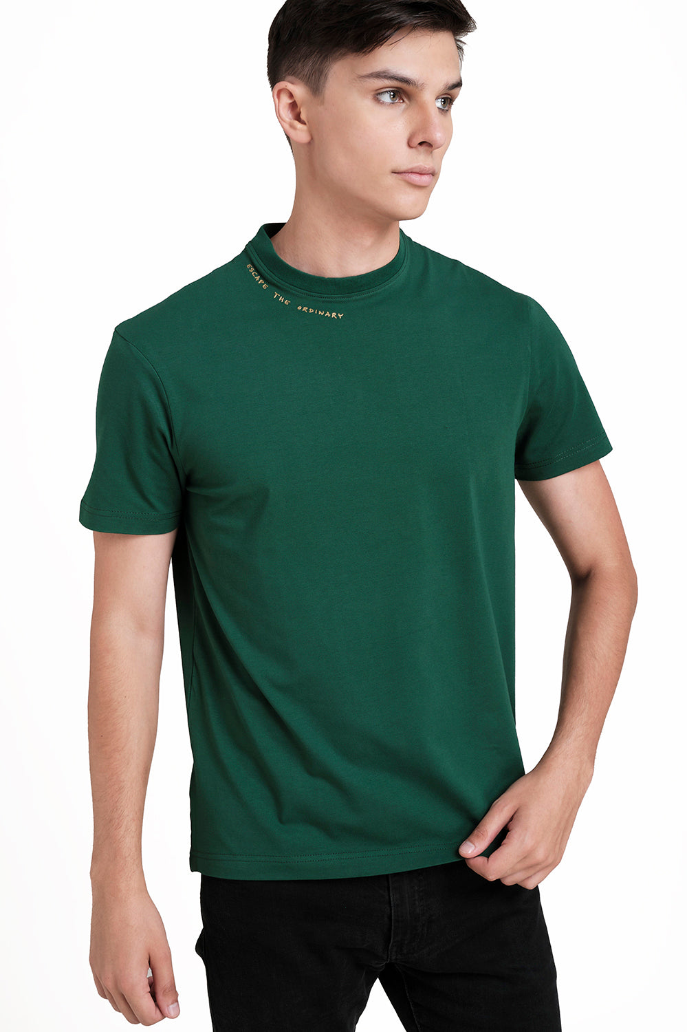 Around the neck gold high build print, solid single jersey t-shirt