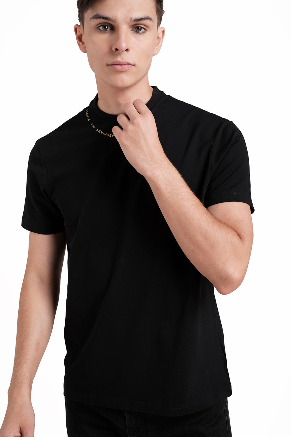 Around the neck gold high build print, solid single jersey t-shirt