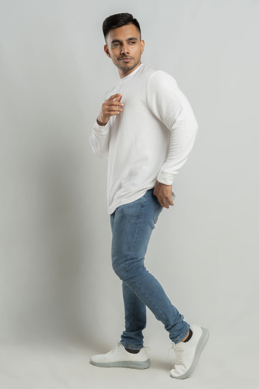 Jacquard crew neck Long steeve Plain staple color Unisex t-shirt