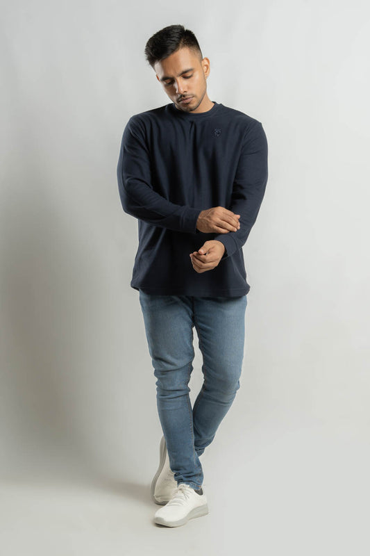 Jacquard crew neck Long steeve Plain staple color Unisex t-shirt