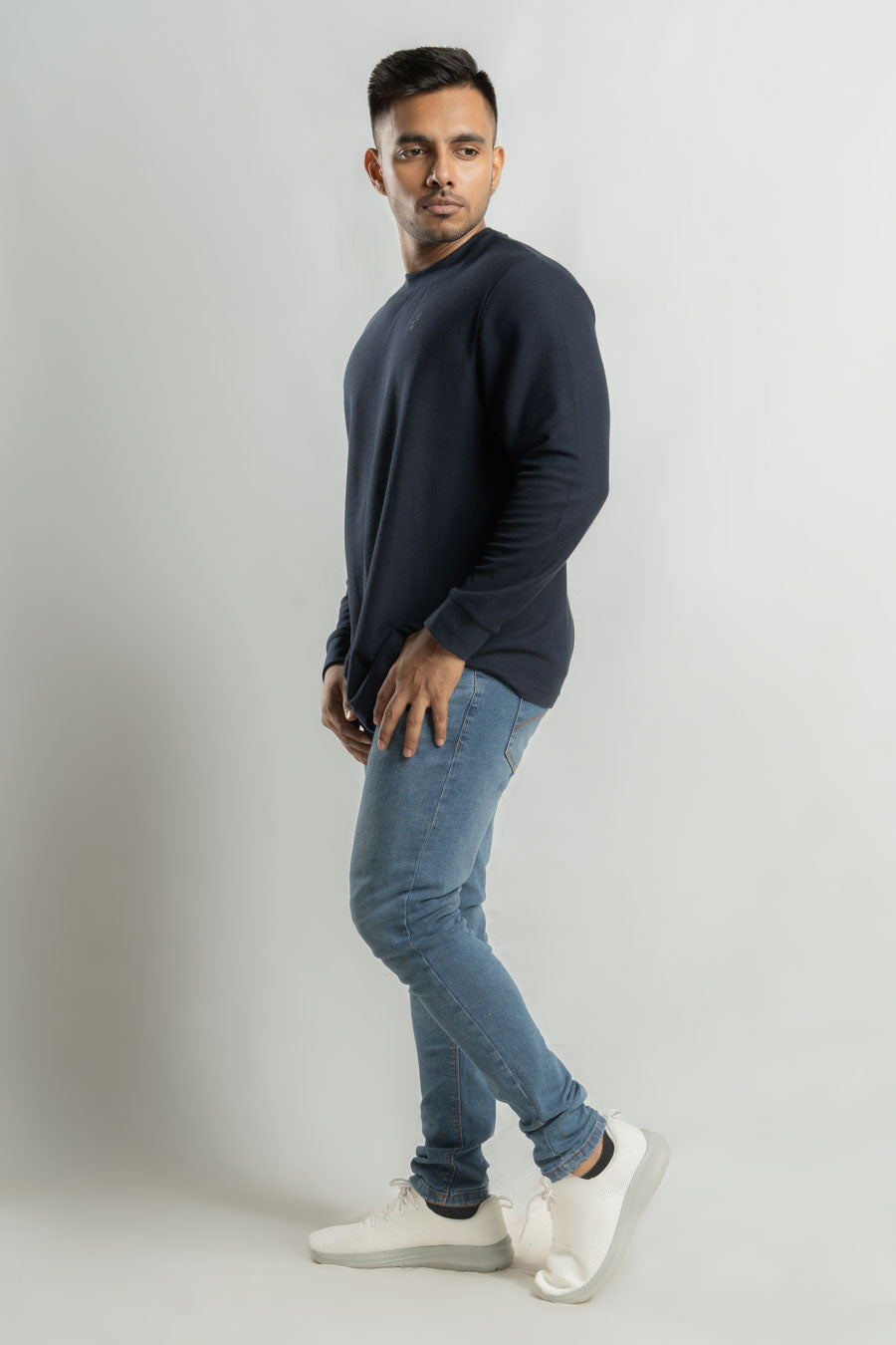 Jacquard crew neck Long steeve Plain staple color Unisex t-shirt