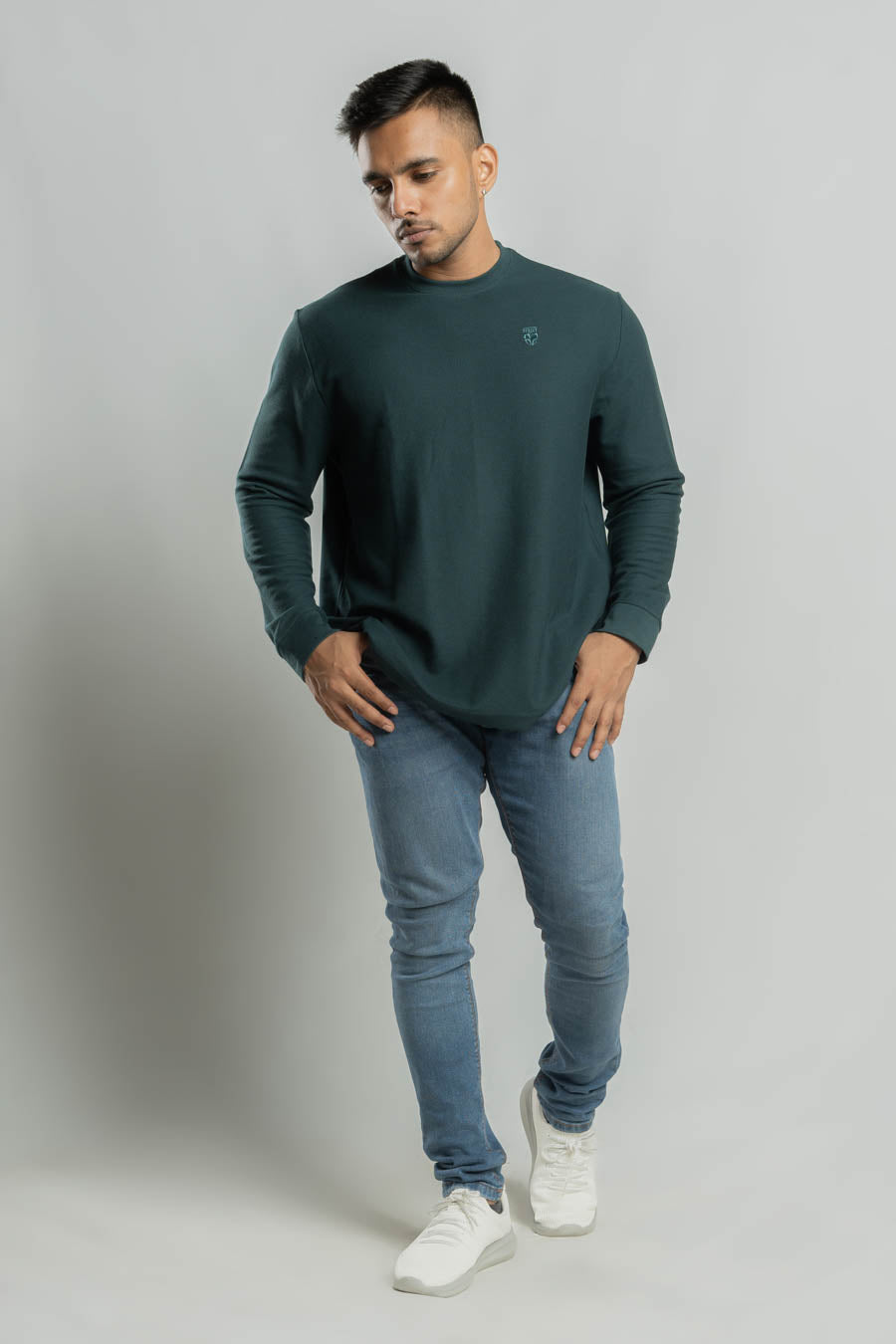 Jacquard crew neck Long steeve Plain staple color Unisex t-shirt