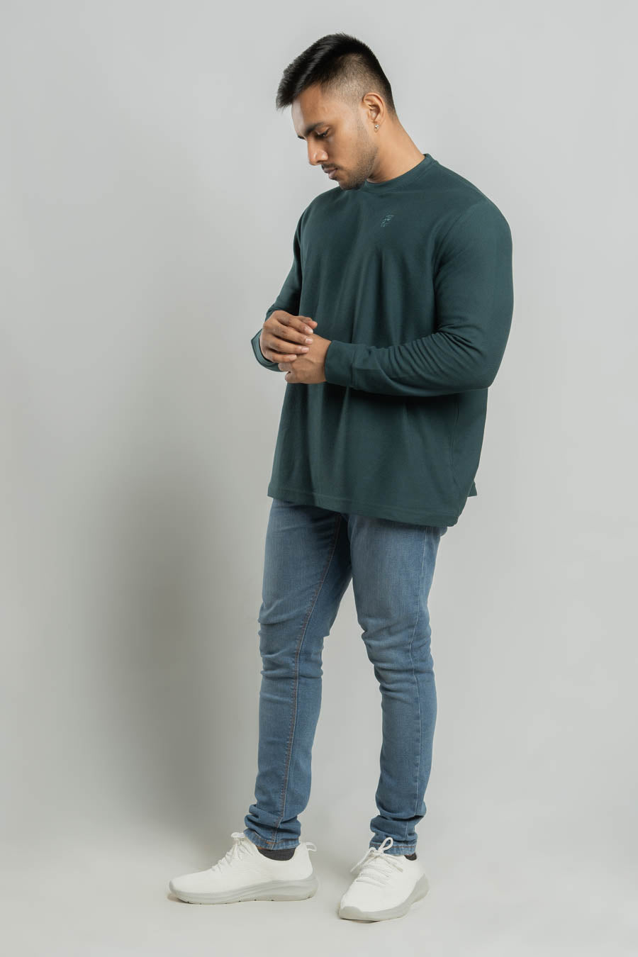 Jacquard crew neck Long steeve Plain staple color Unisex t-shirt