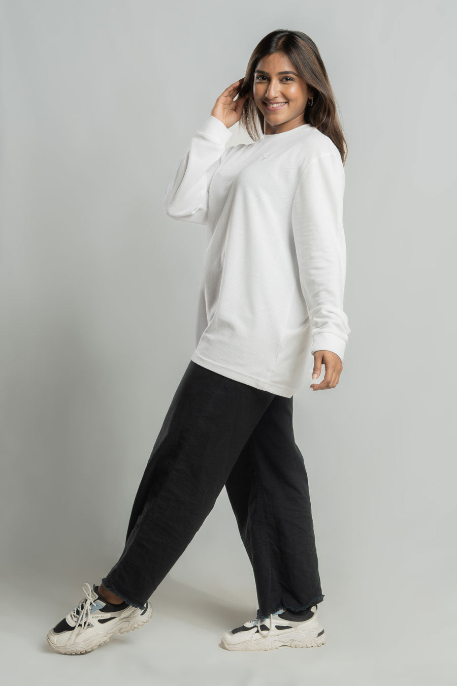 Jacquard crew neck Long steeve Plain staple color Unisex t-shirt