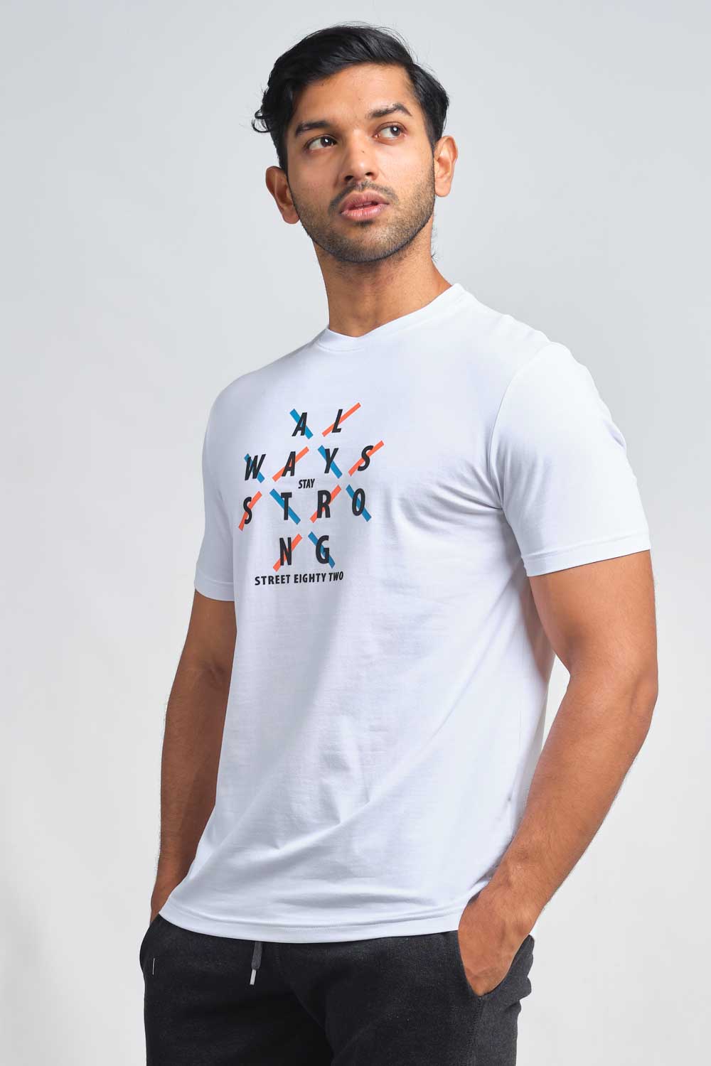 Always stay strong high build silicon print in front, solid single jersey T-shirt