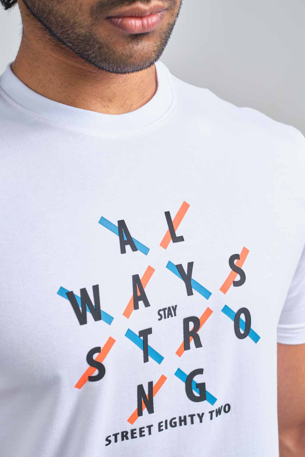 Always stay strong high build silicon print in front, solid single jersey T-shirt