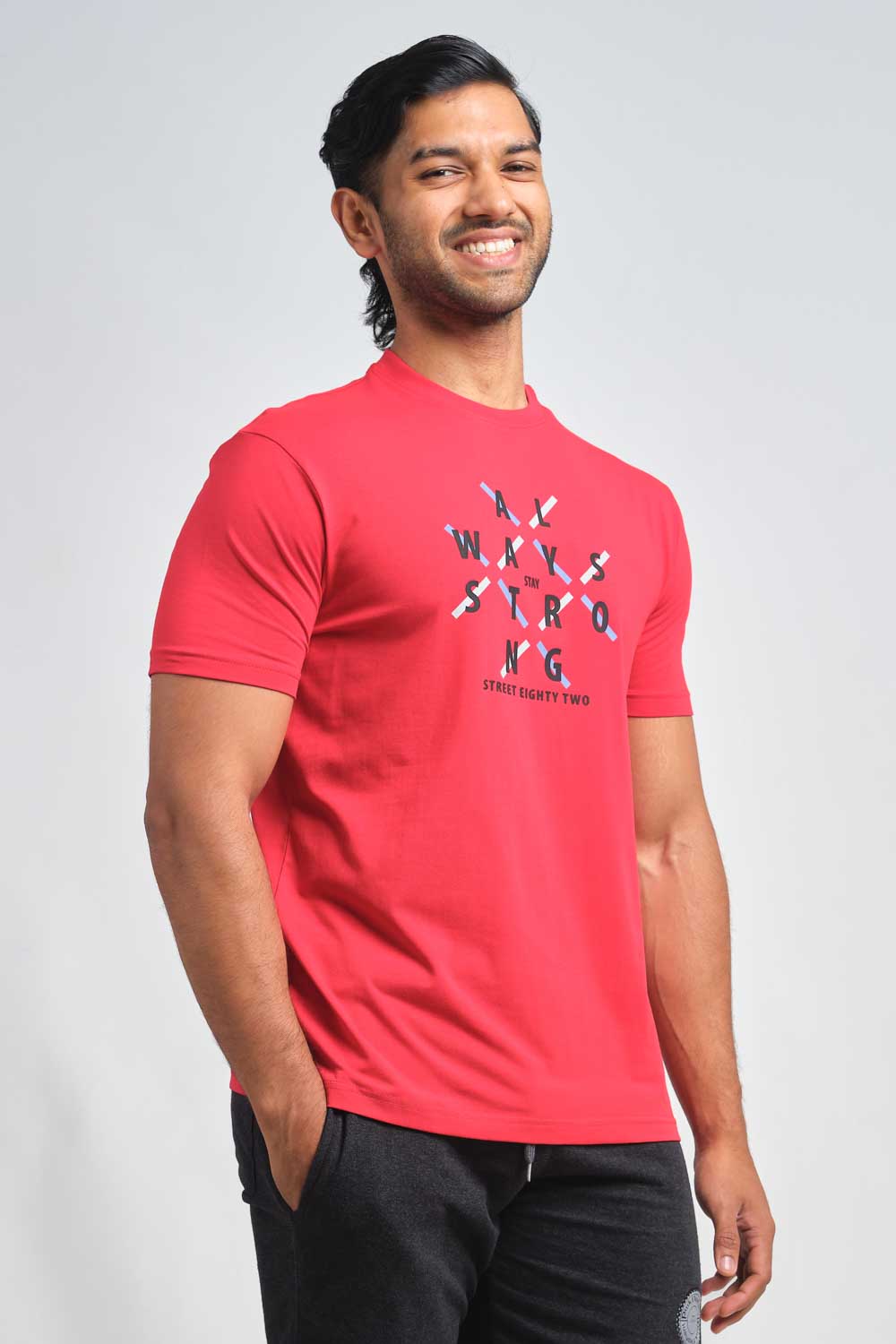 Always stay strong high build silicon print in front, solid single jersey T-shirt