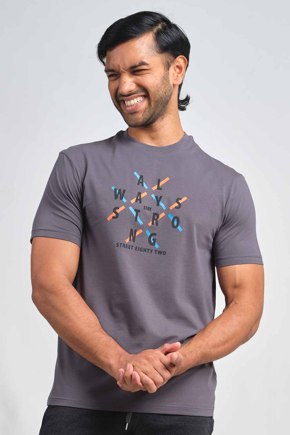 Always stay strong high build silicon print in front, solid single jersey T-shirt