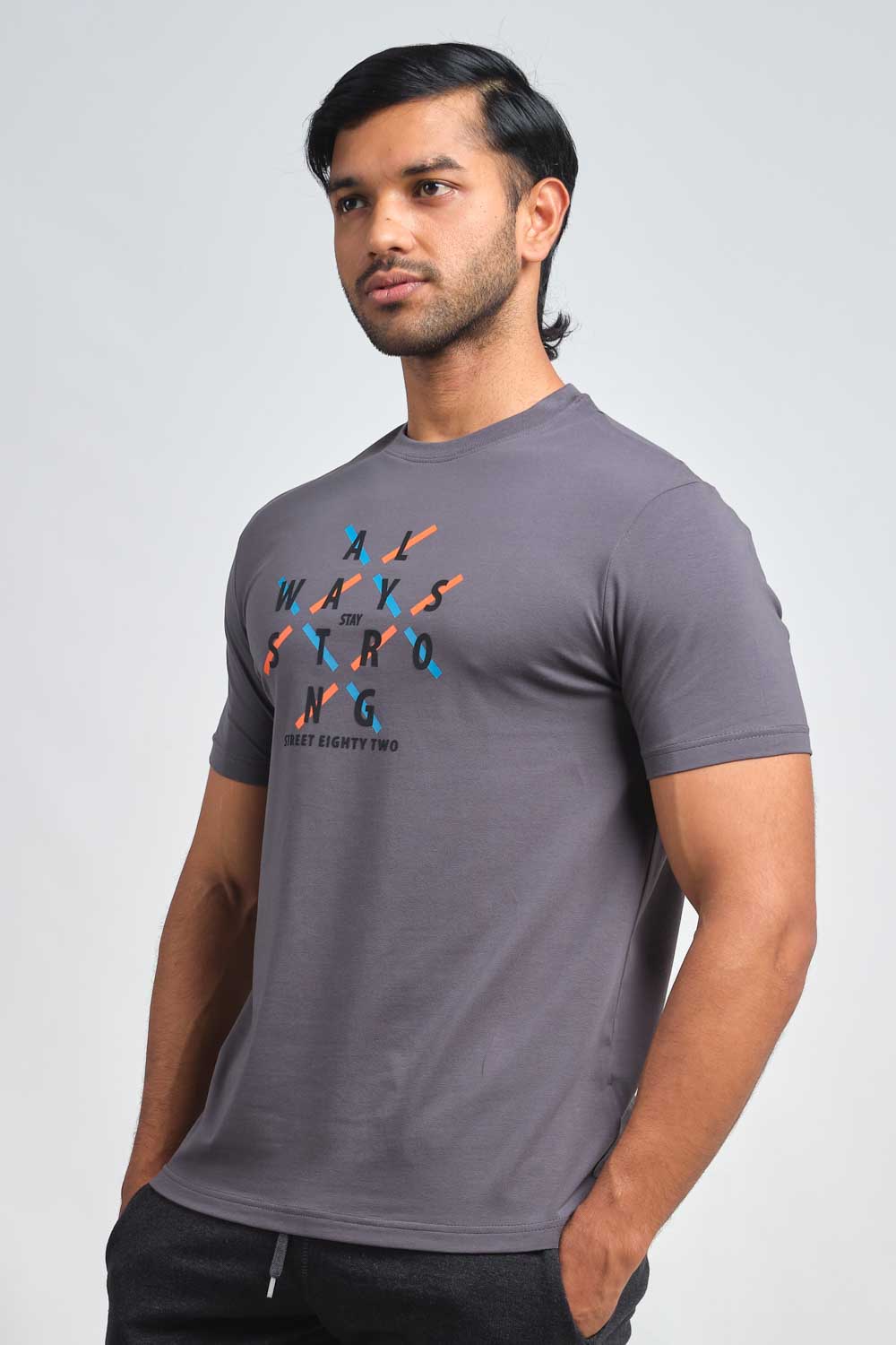 Always stay strong high build silicon print in front, solid single jersey T-shirt