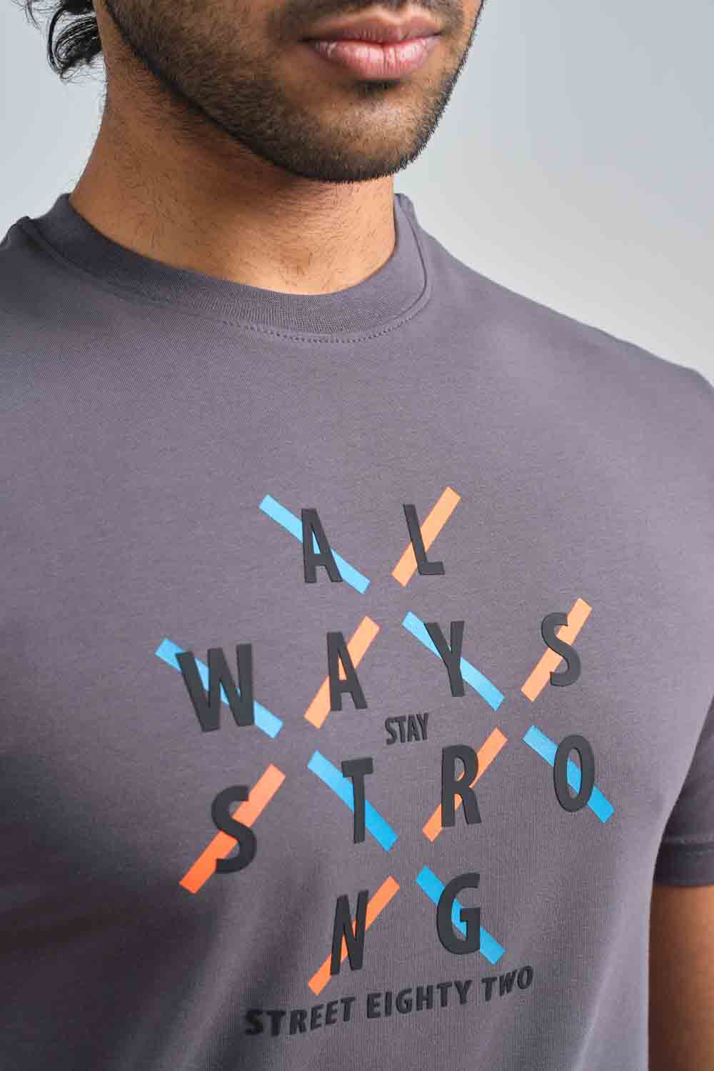 Always stay strong high build silicon print in front, solid single jersey T-shirt