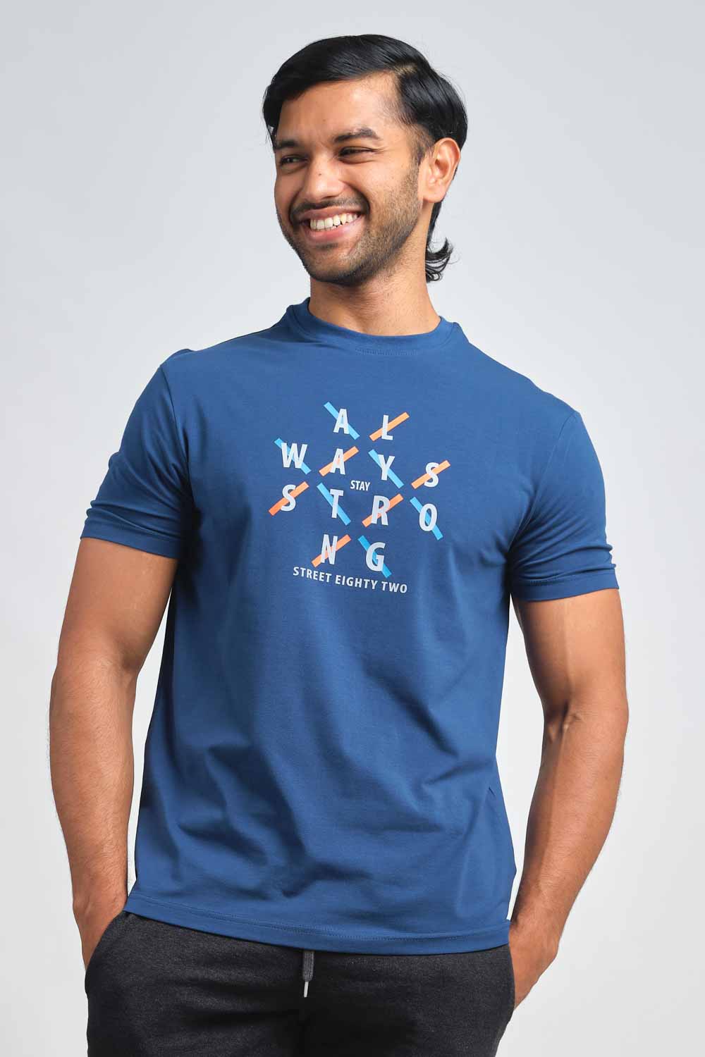Always stay strong high build silicon print in front, solid single jersey T-shirt