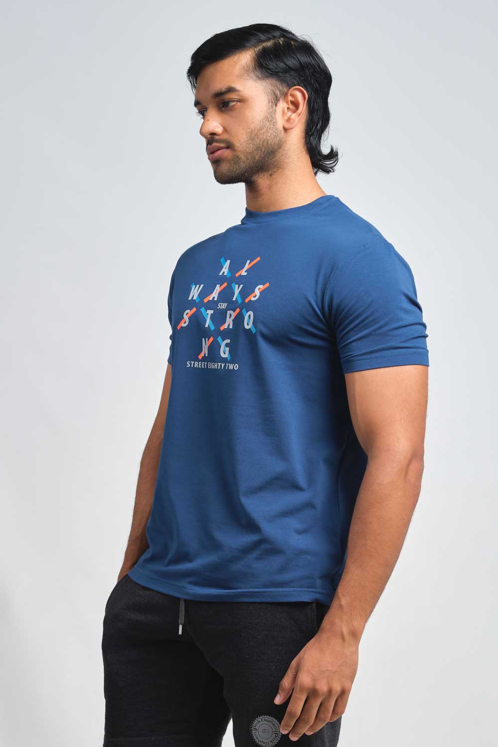Always stay strong high build silicon print in front, solid single jersey T-shirt