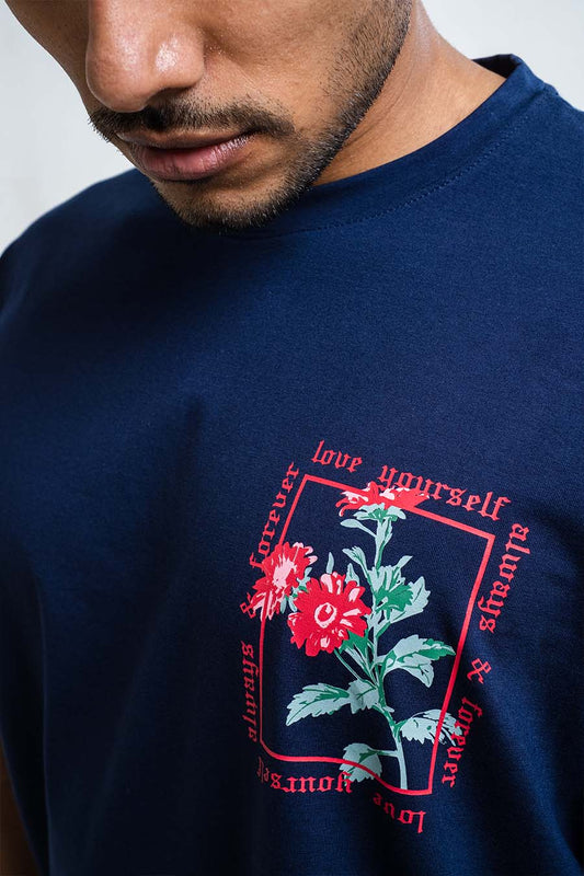Red Rose & love yourself back print, Solid Lycra Jersey Oversize T-shirt