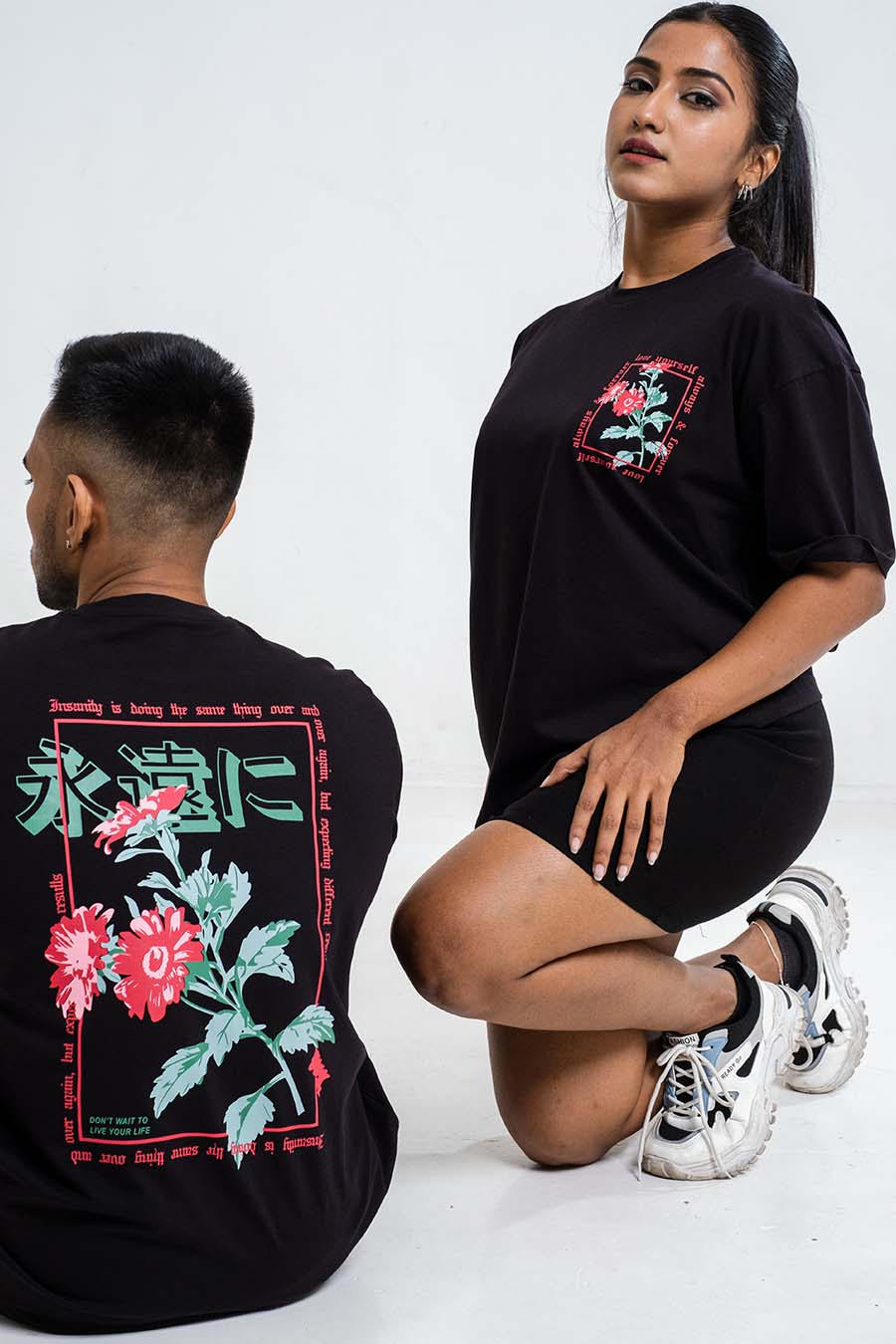 Red Rose & love yourself back print, Solid Lycra Jersey Oversize T-shirt