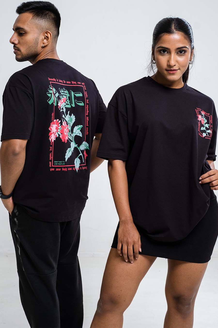 Red Rose & love yourself back print, Solid Lycra Jersey Oversize T-shirt
