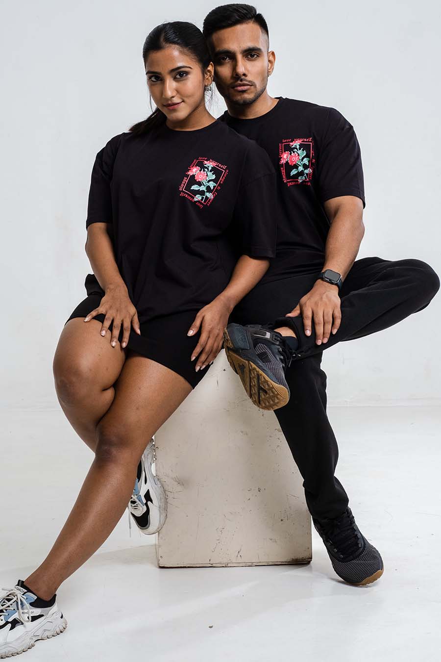 Red Rose & love yourself back print, Solid Lycra Jersey Oversize T-shirt