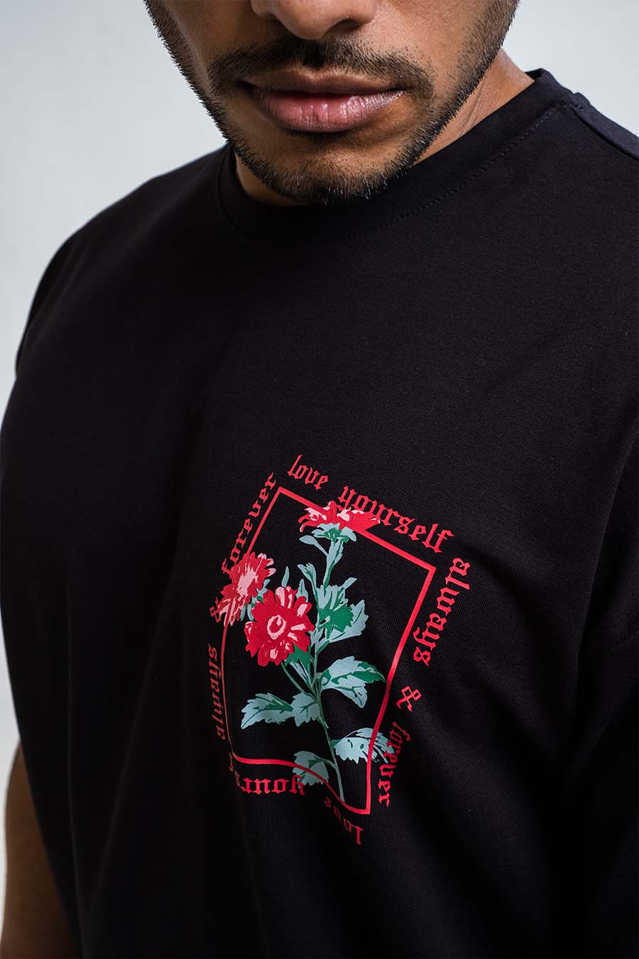 Red Rose & love yourself back print, Solid Lycra Jersey Oversize T-shirt