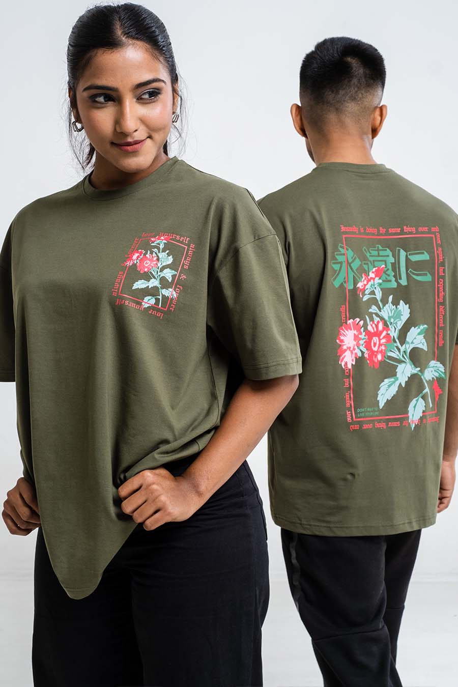 Red Rose & love yourself back print, Solid Lycra Jersey Oversize T-shirt