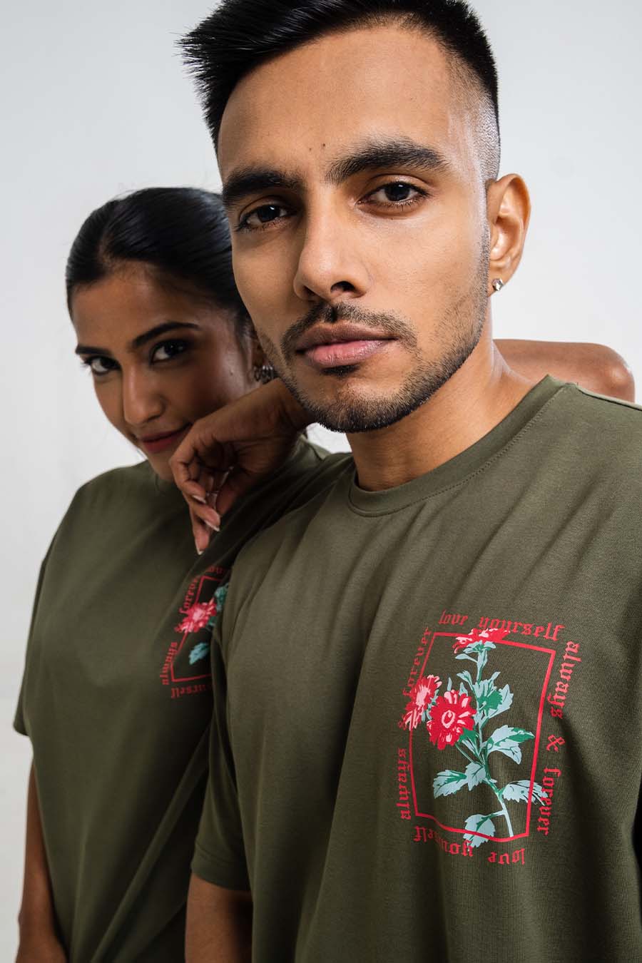 Red Rose & love yourself back print, Solid Lycra Jersey Oversize T-shirt