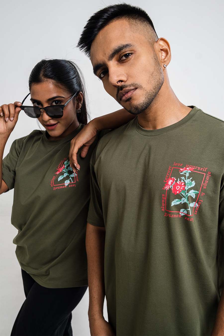 Red Rose & love yourself back print, Solid Lycra Jersey Oversize T-shirt