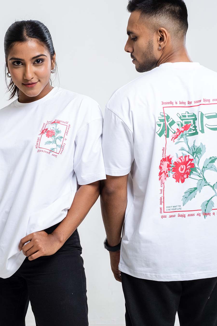 Red Rose & love yourself back print, Solid Lycra Jersey Oversize T-shirt