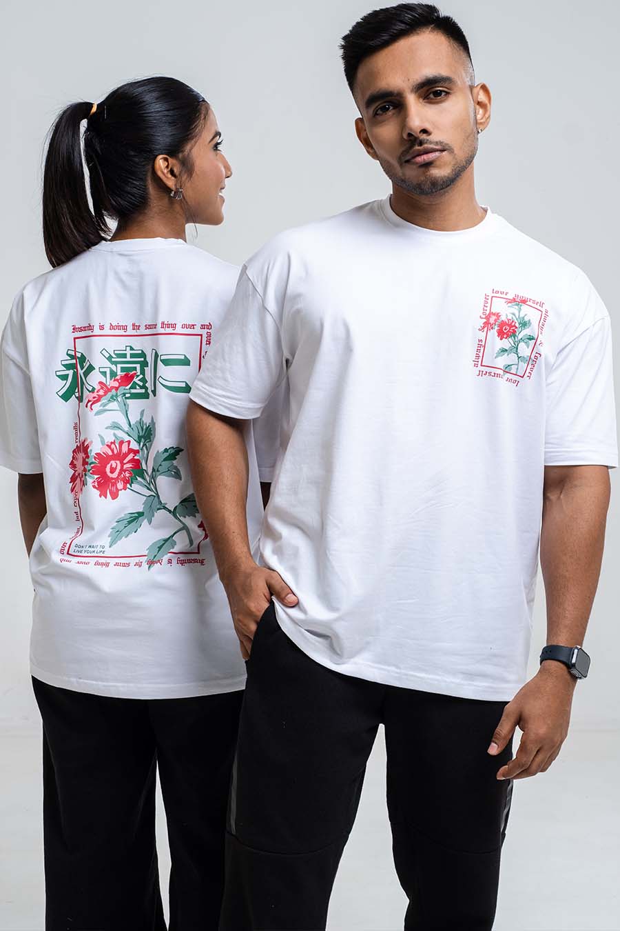 Red Rose & love yourself back print, Solid Lycra Jersey Oversize T-shirt