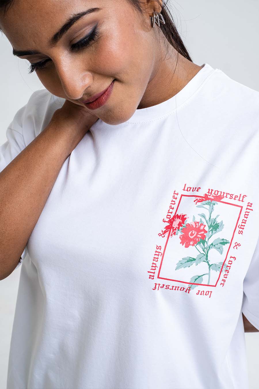 Red Rose & love yourself back print, Solid Lycra Jersey Oversize T-shirt