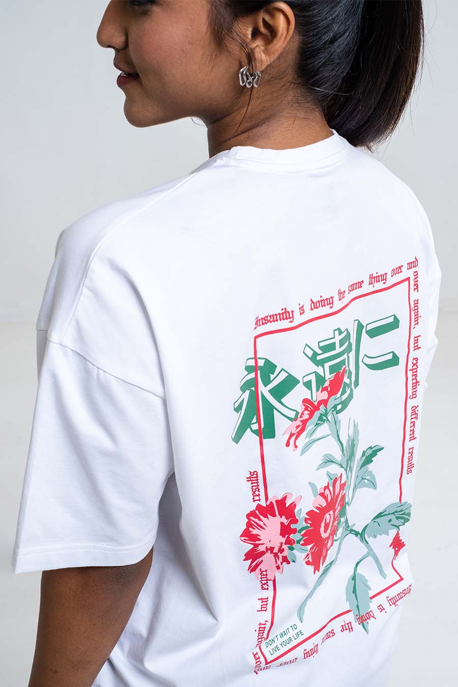 Red Rose & love yourself back print, Solid Lycra Jersey Oversize T-shirt