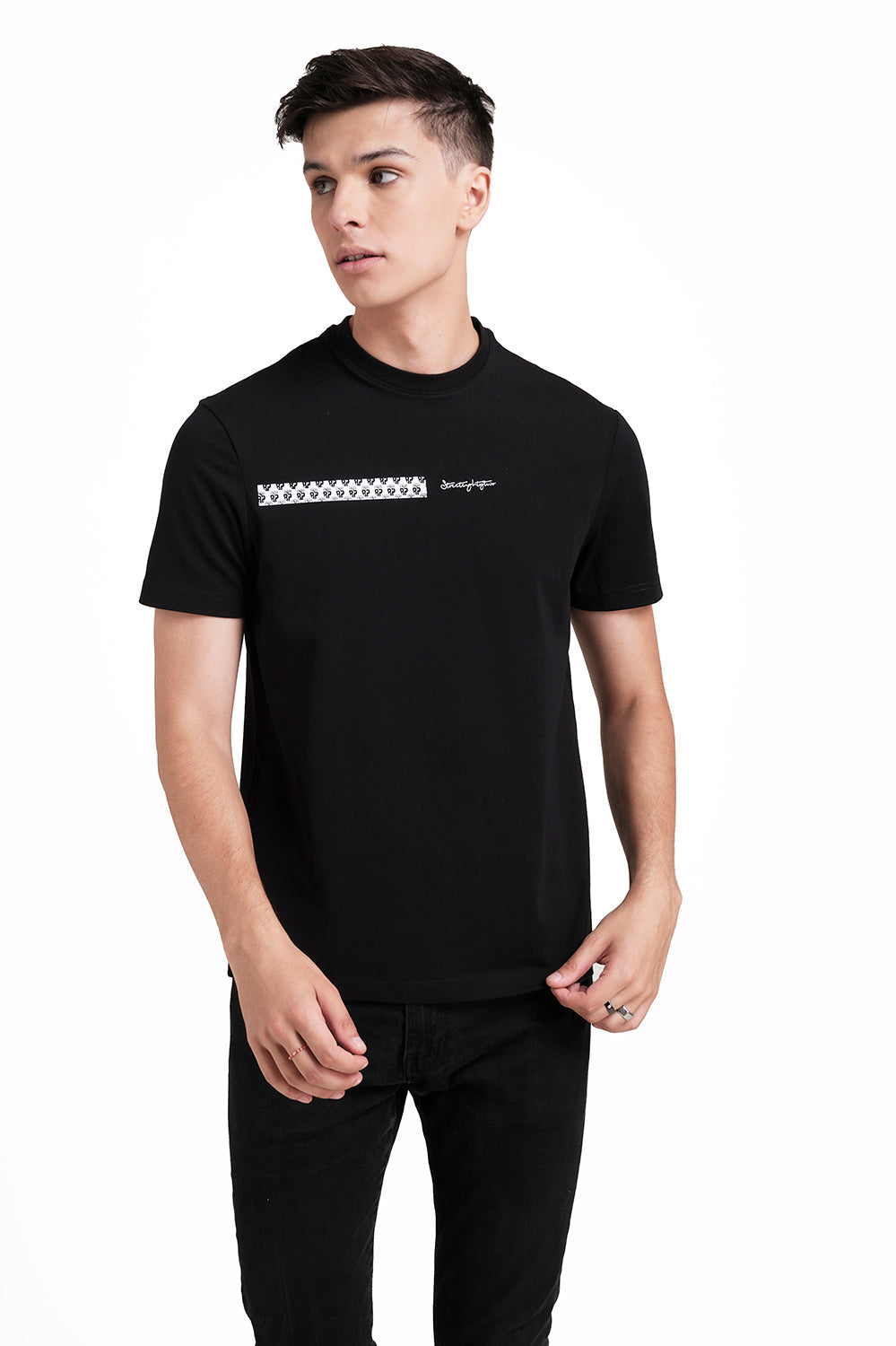 Front rubber signature letters and logo repeat print, Solid Lycra Jersey T-shirt