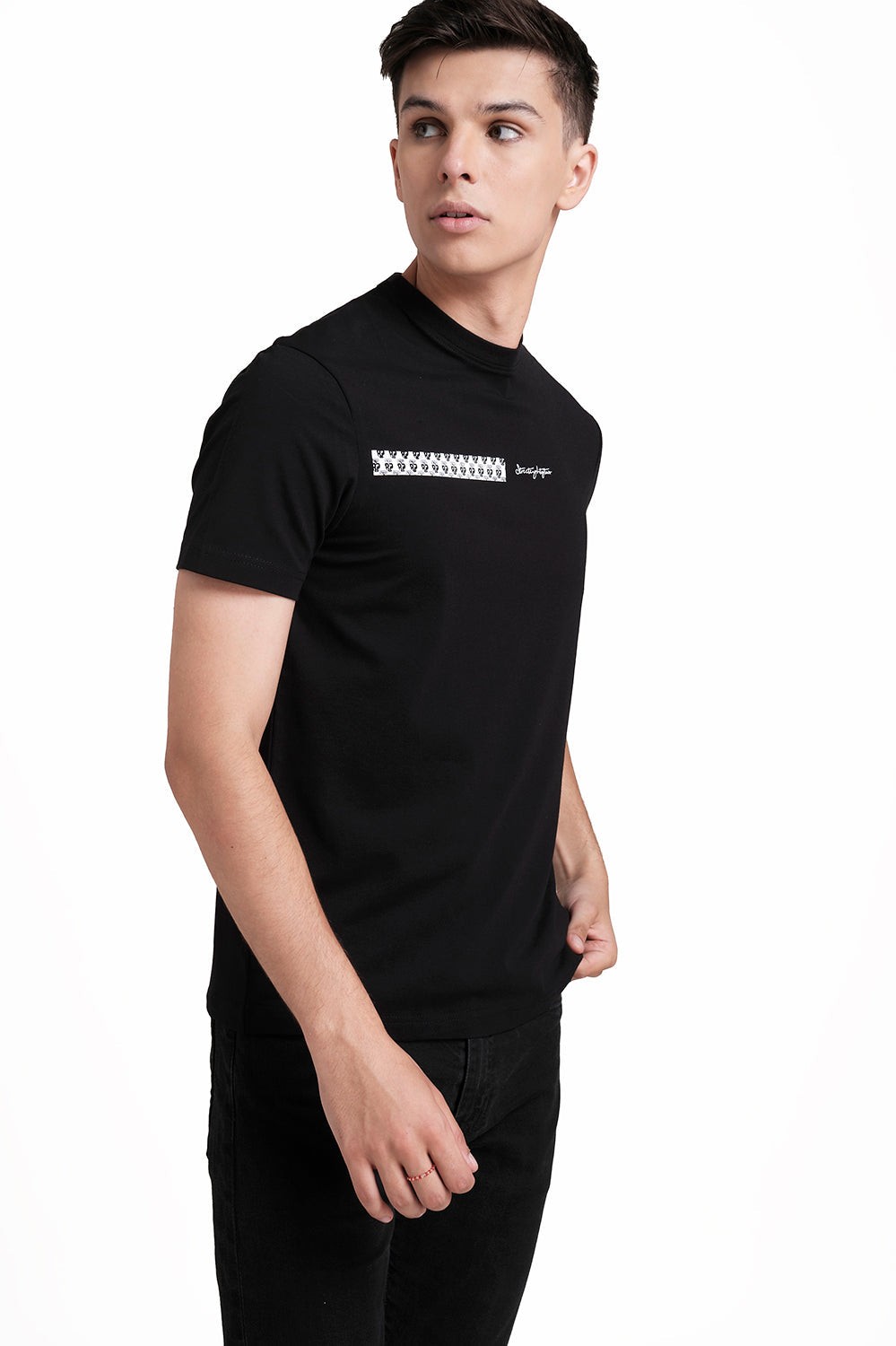 Front rubber signature letters and logo repeat print, Solid Lycra Jersey T-shirt