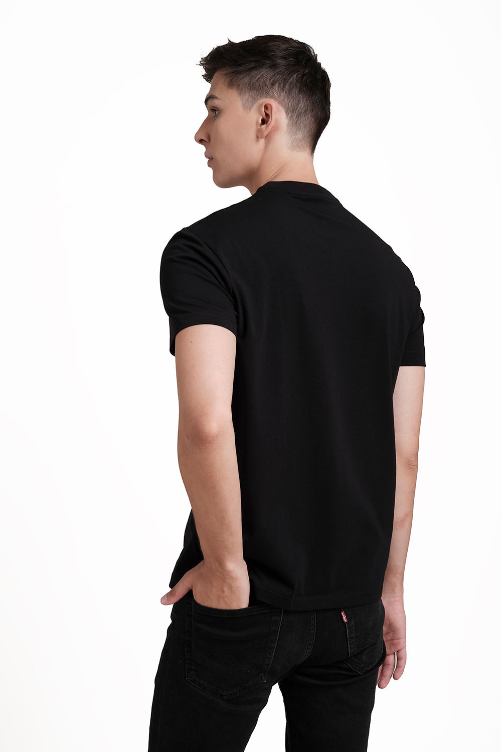 Front rubber signature letters and logo repeat print, Solid Lycra Jersey T-shirt