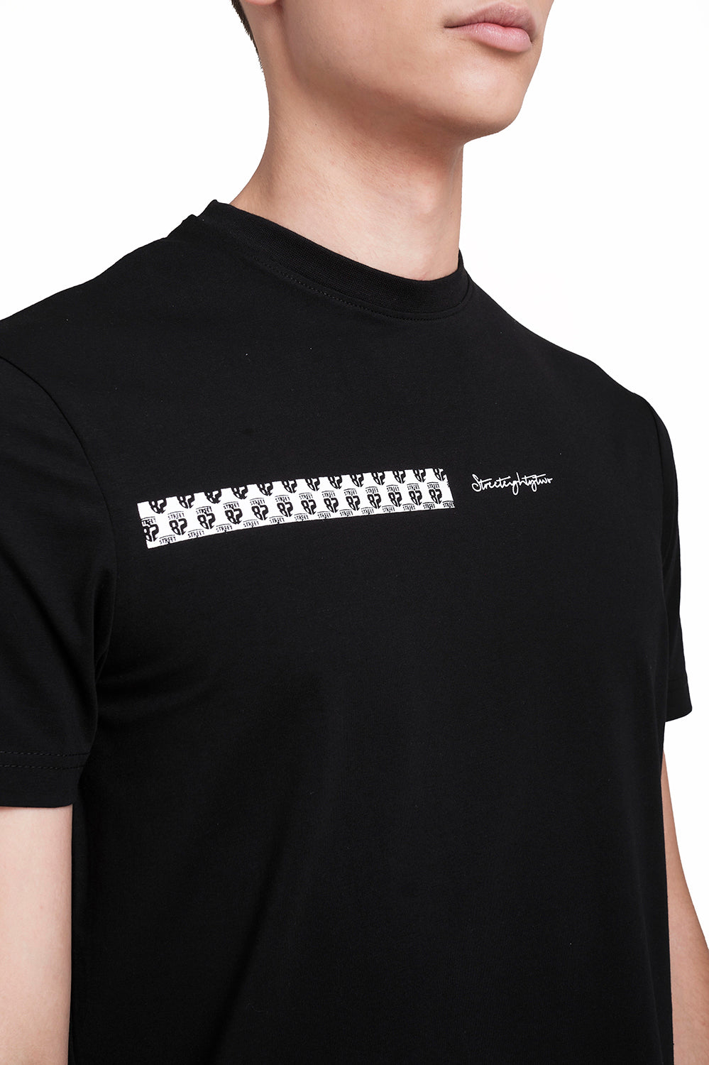 Front rubber signature letters and logo repeat print, Solid Lycra Jersey T-shirt