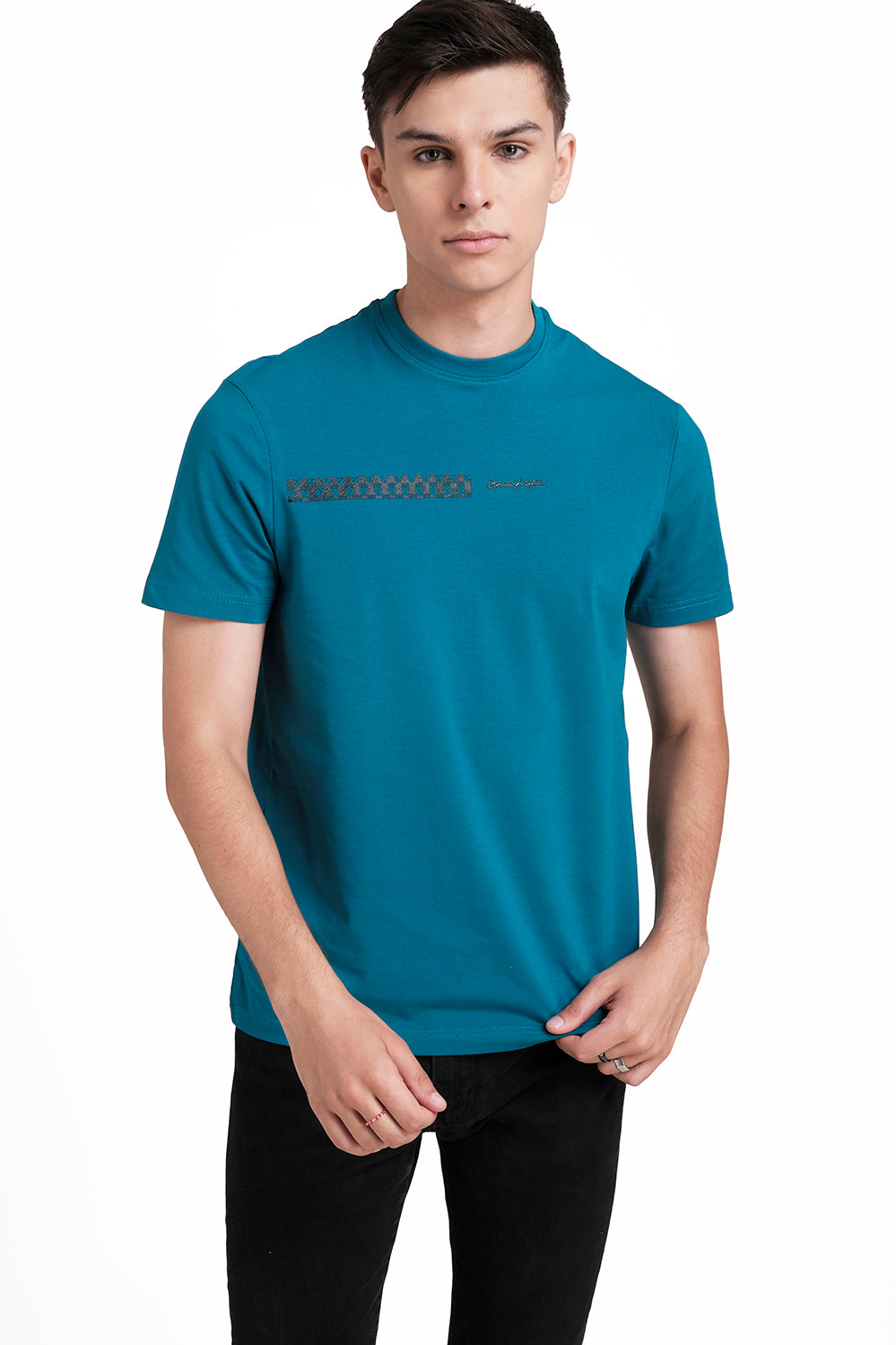 Front rubber signature letters and logo repeat print, Solid Lycra Jersey T-shirt