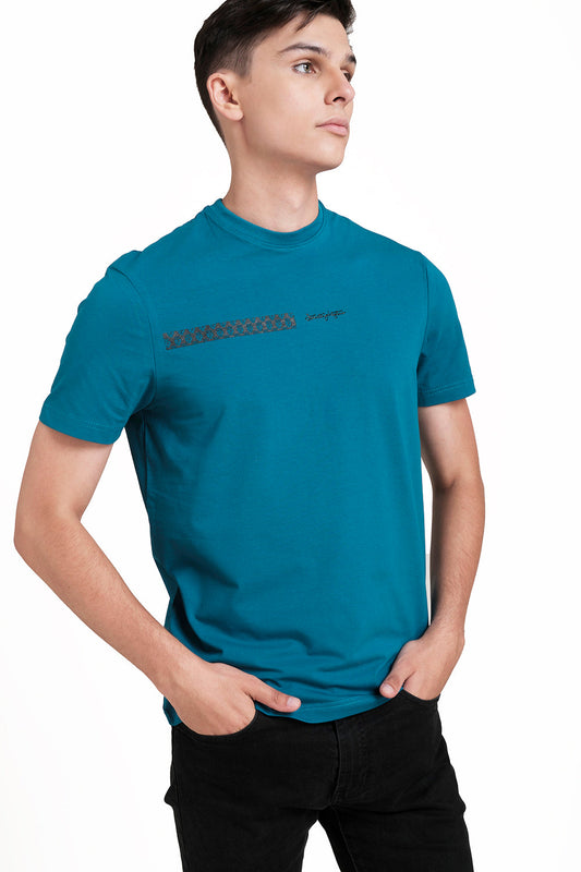 Front rubber signature letters and logo repeat print, Solid Lycra Jersey T-shirt