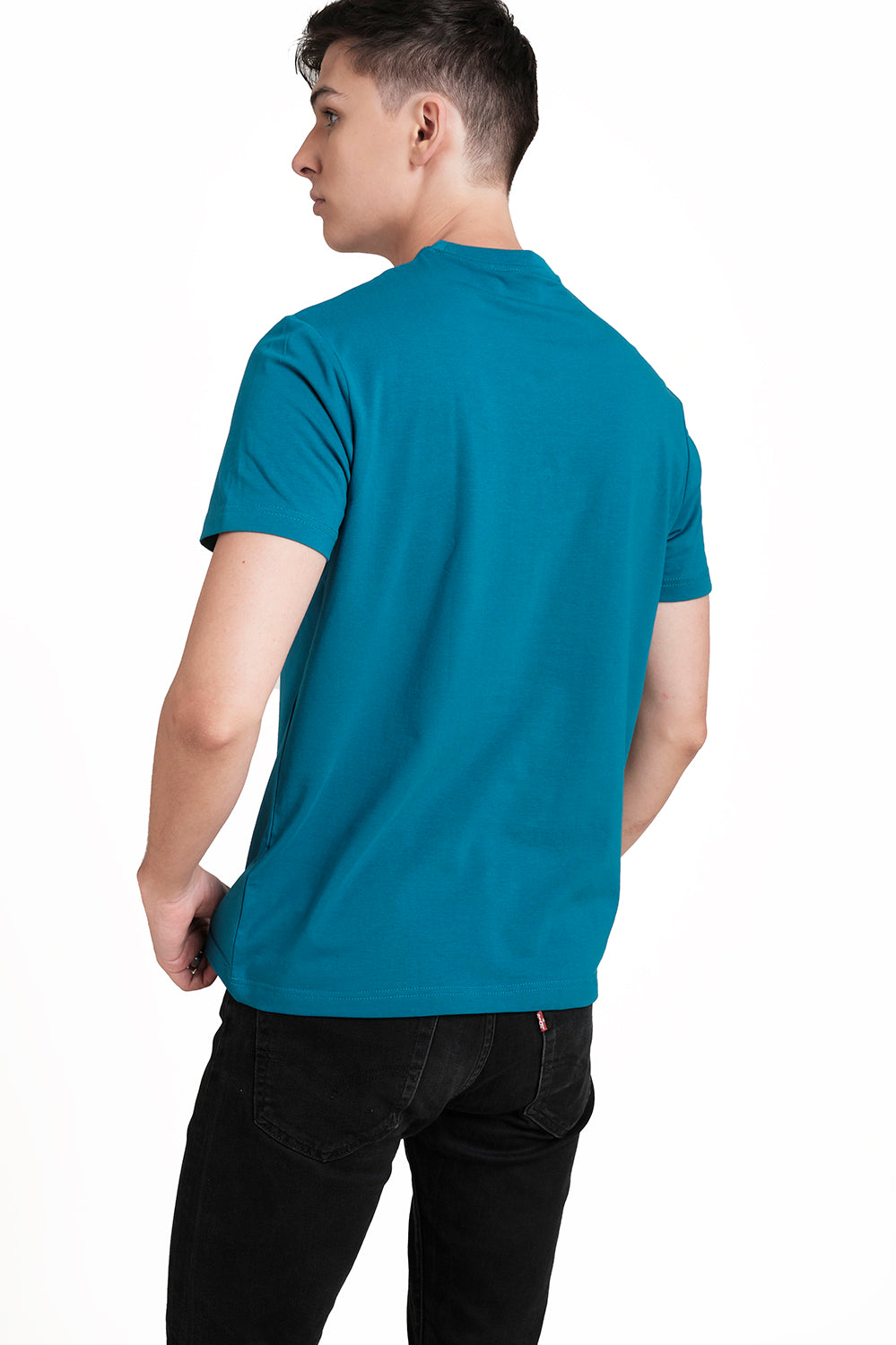 Front rubber signature letters and logo repeat print, Solid Lycra Jersey T-shirt