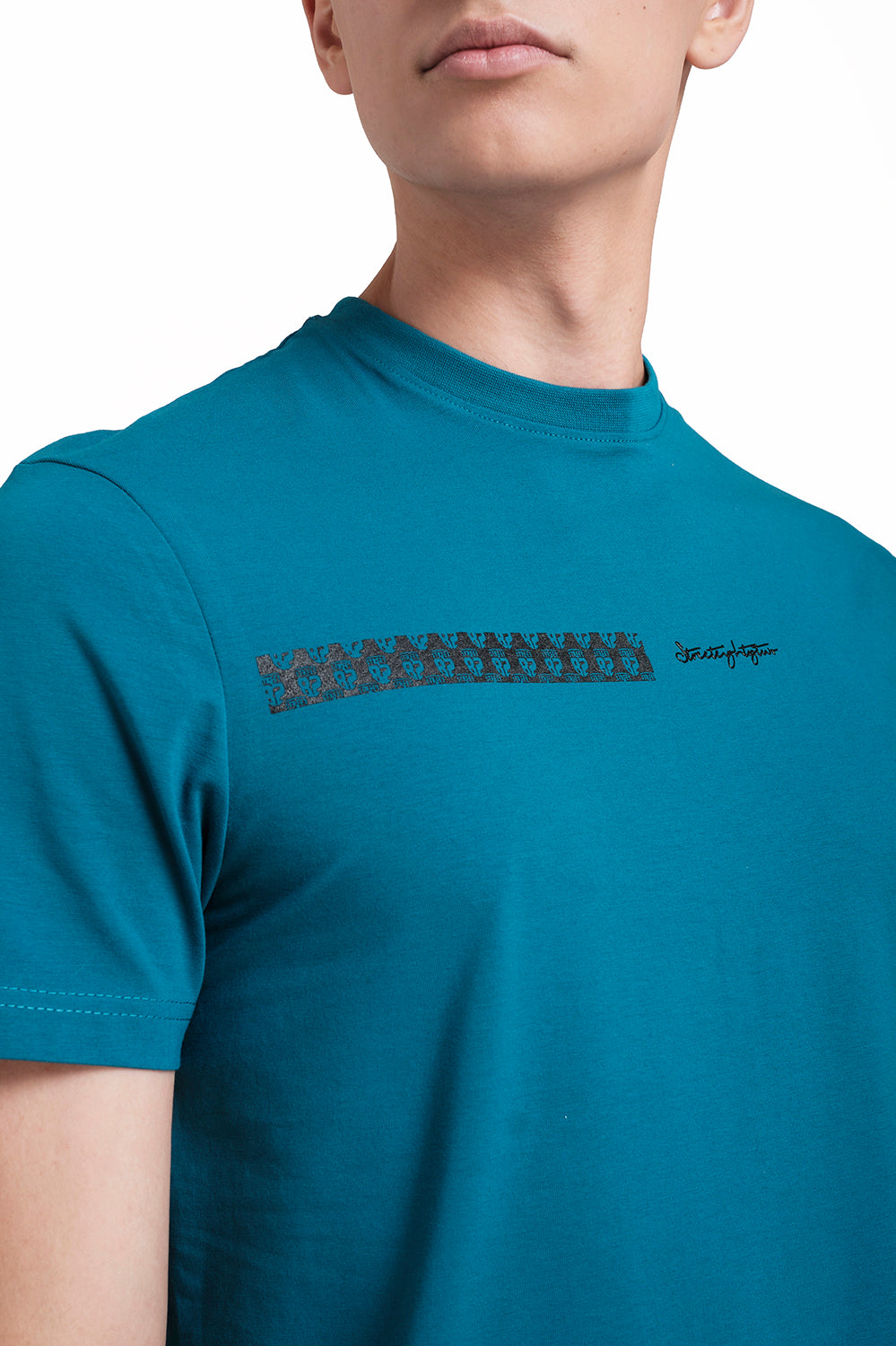 Front rubber signature letters and logo repeat print, Solid Lycra Jersey T-shirt