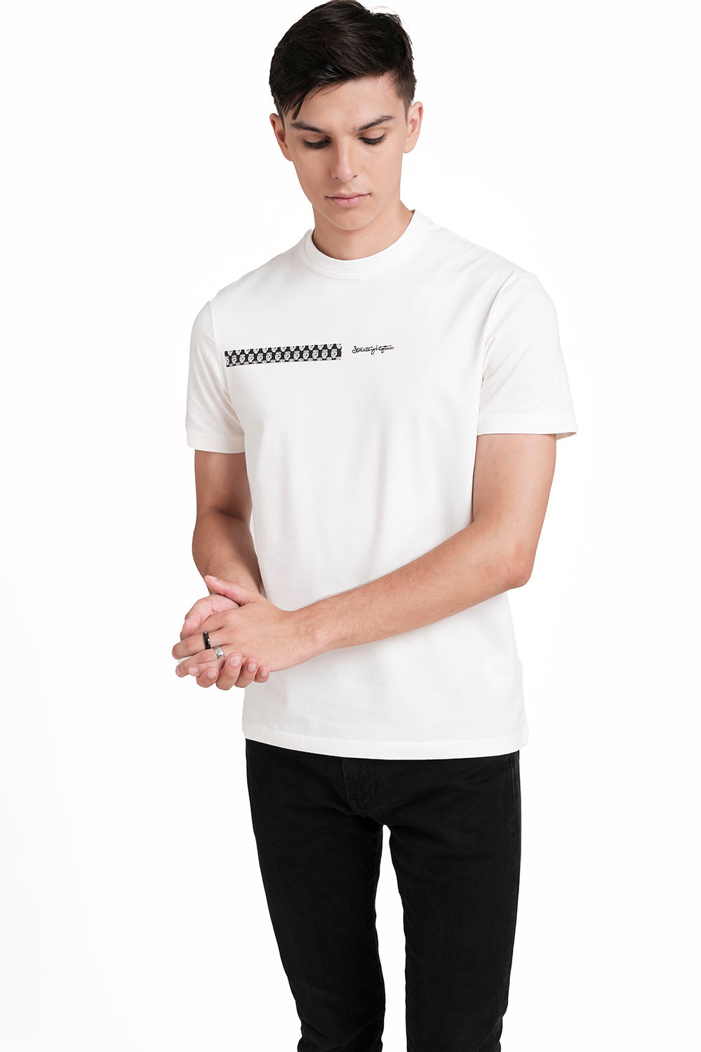 Front rubber signature letters and logo repeat print, Solid Lycra Jersey T-shirt