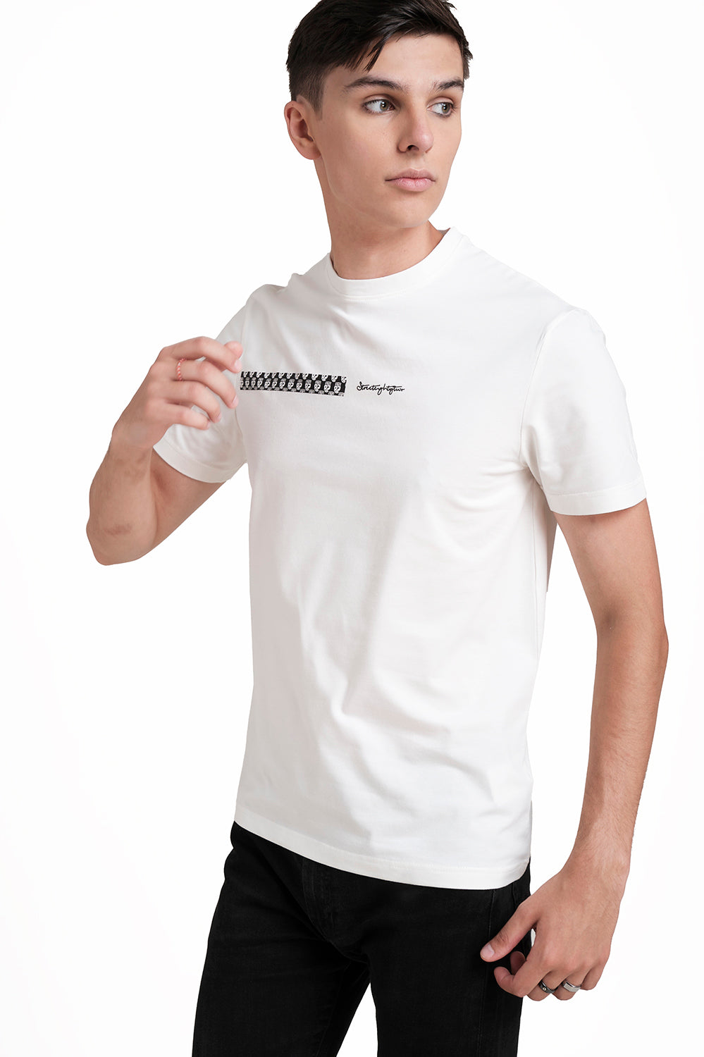 Front rubber signature letters and logo repeat print, Solid Lycra Jersey T-shirt