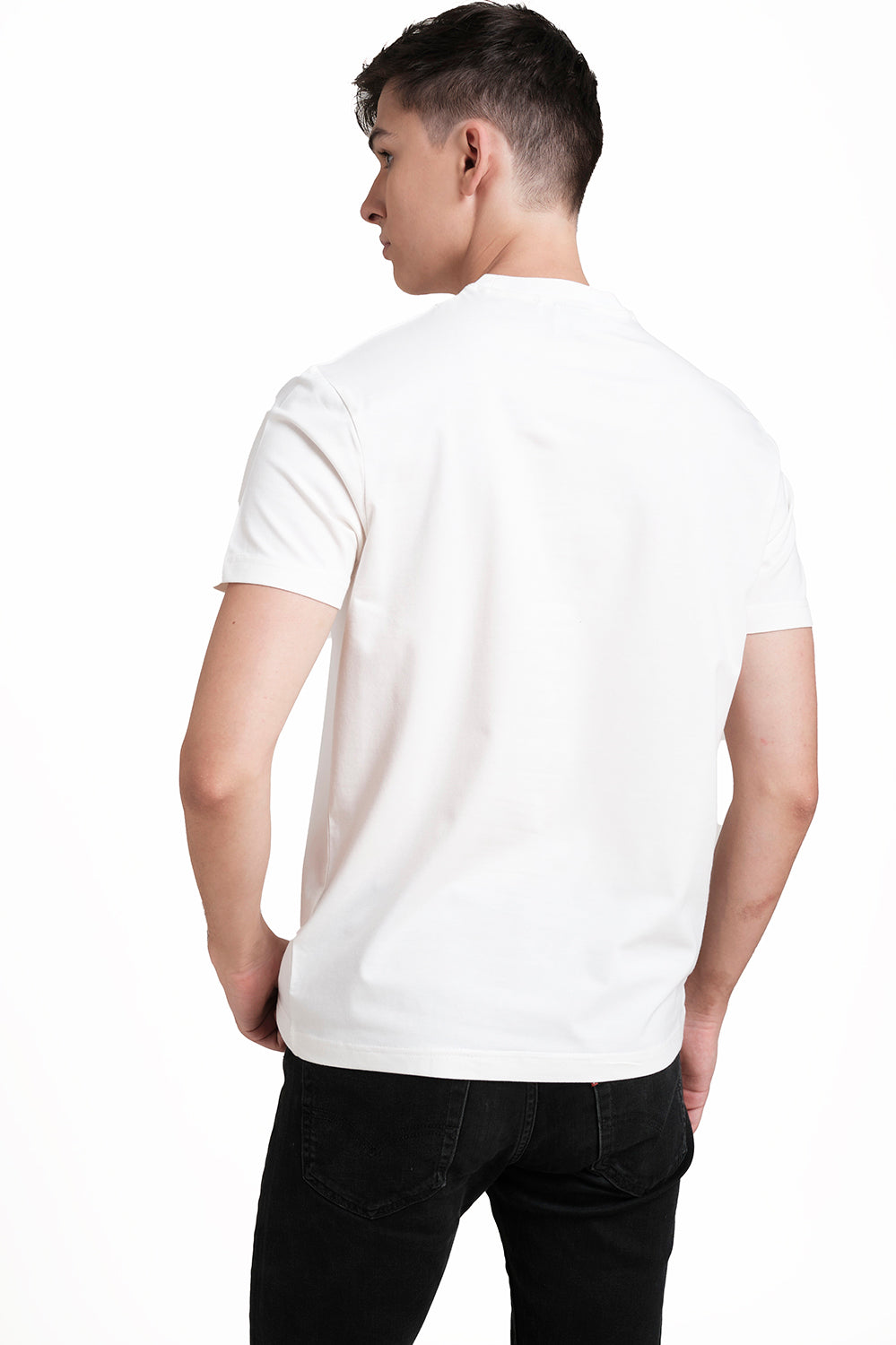 Front rubber signature letters and logo repeat print, Solid Lycra Jersey T-shirt