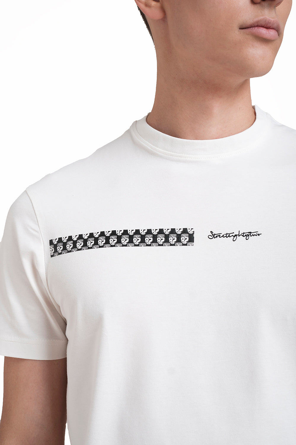 Front rubber signature letters and logo repeat print, Solid Lycra Jersey T-shirt
