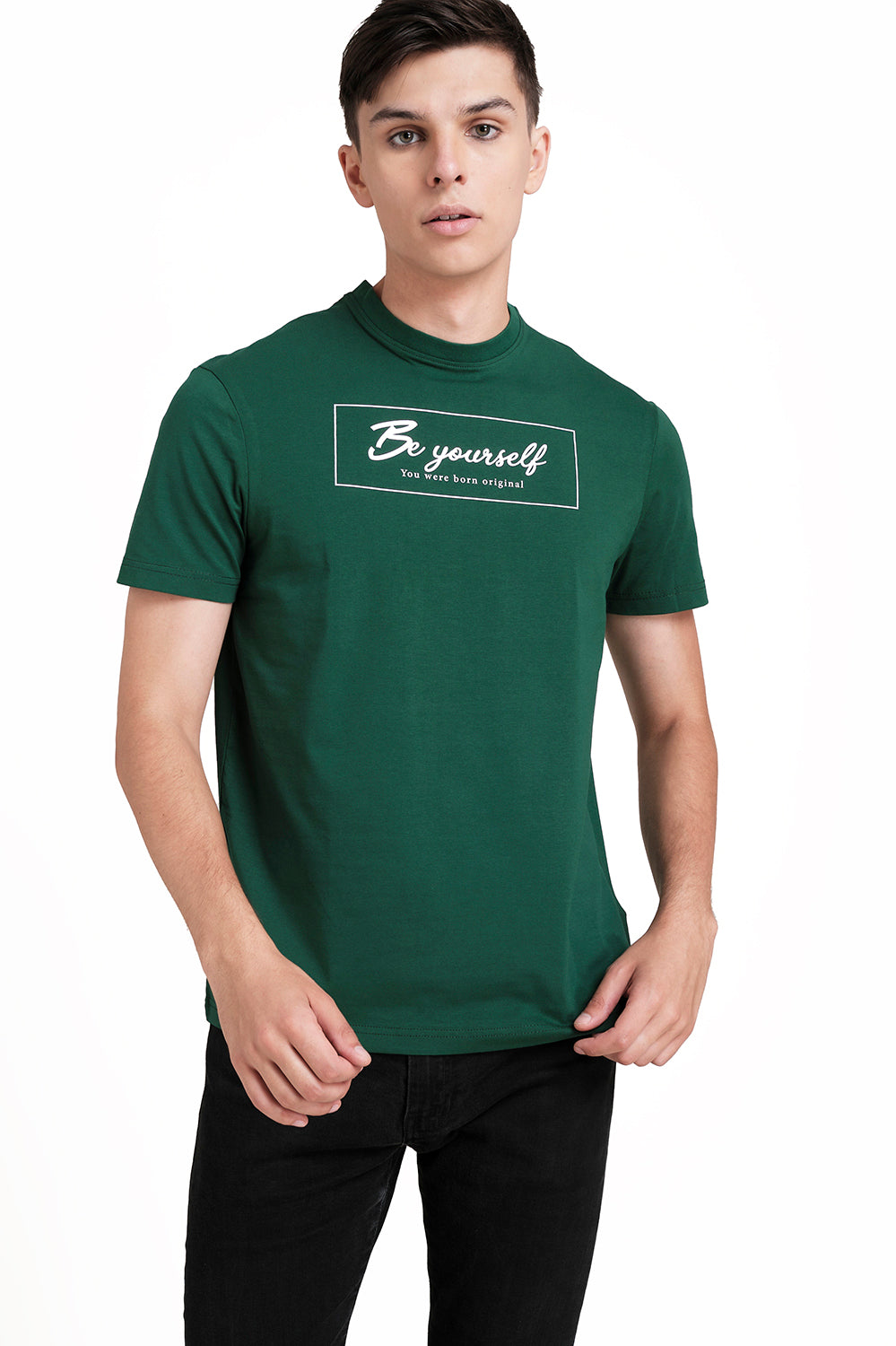 Front High Build Print, solid single lycra T-shirt.