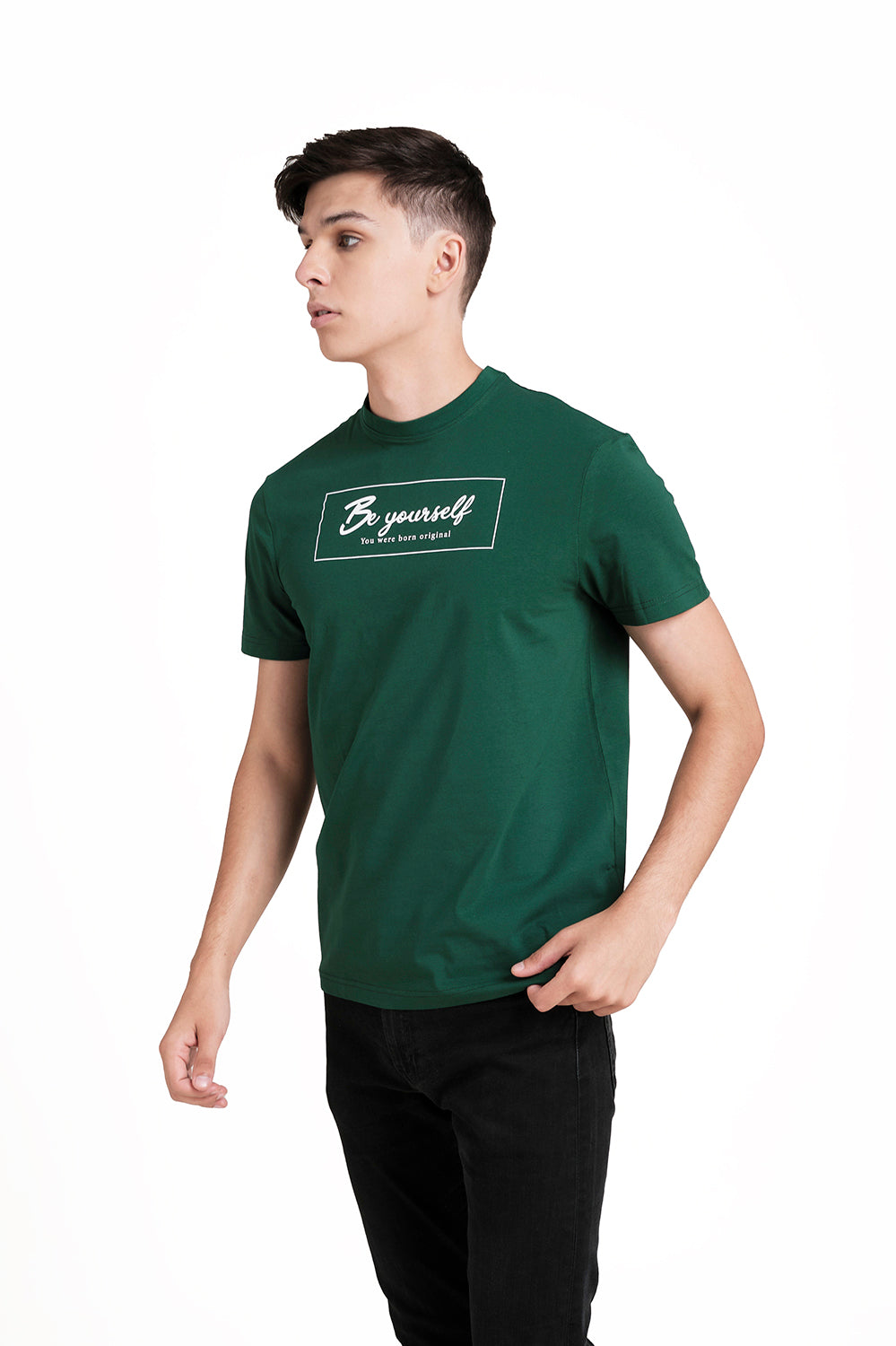 Front High Build Print, solid single lycra T-shirt.