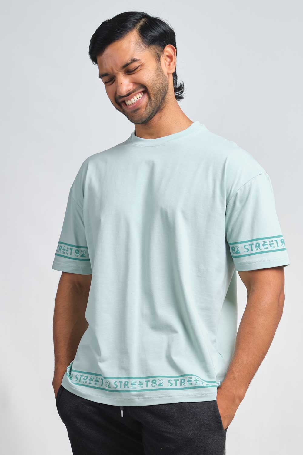 Plain Pastal color Oversize logo print in bottom and sleeves, solid lycra jersey T-shirt