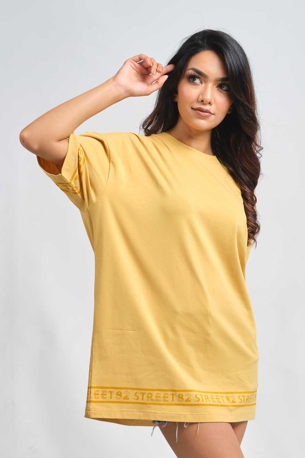 Plain Pastal color Oversize logo print in bottom and sleeves, solid lycra jersey T-shirt