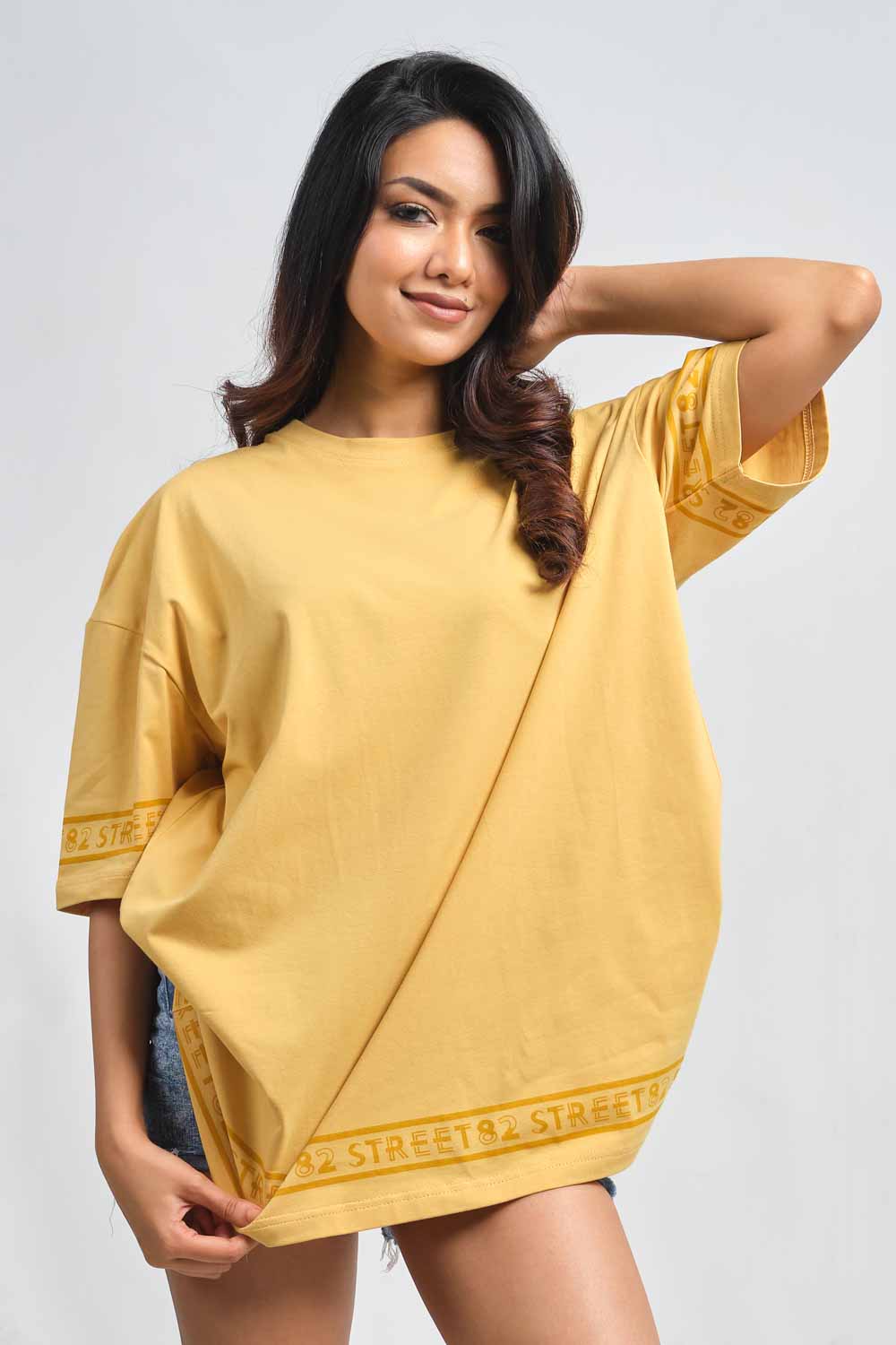 Plain Pastal color Oversize logo print in bottom and sleeves, solid lycra jersey T-shirt