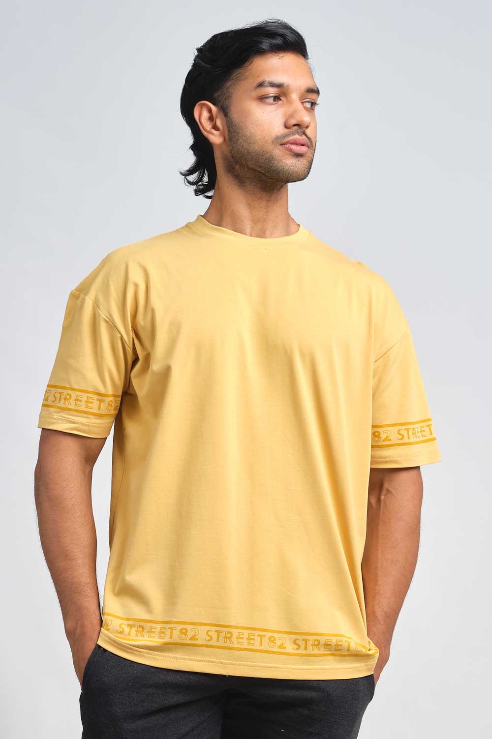 Plain Pastal color Oversize logo print in bottom and sleeves, solid lycra jersey T-shirt