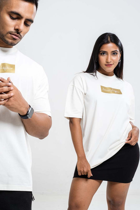 Oversize signature logo print in gold and silver box, Solid Lycra Jersey T-shirt