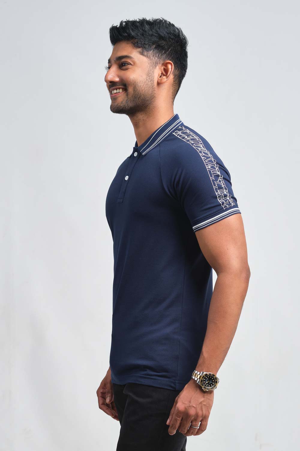 Shoulder typography print, ragland cut, luxury premium cotton, Slim fit polo T-shirt