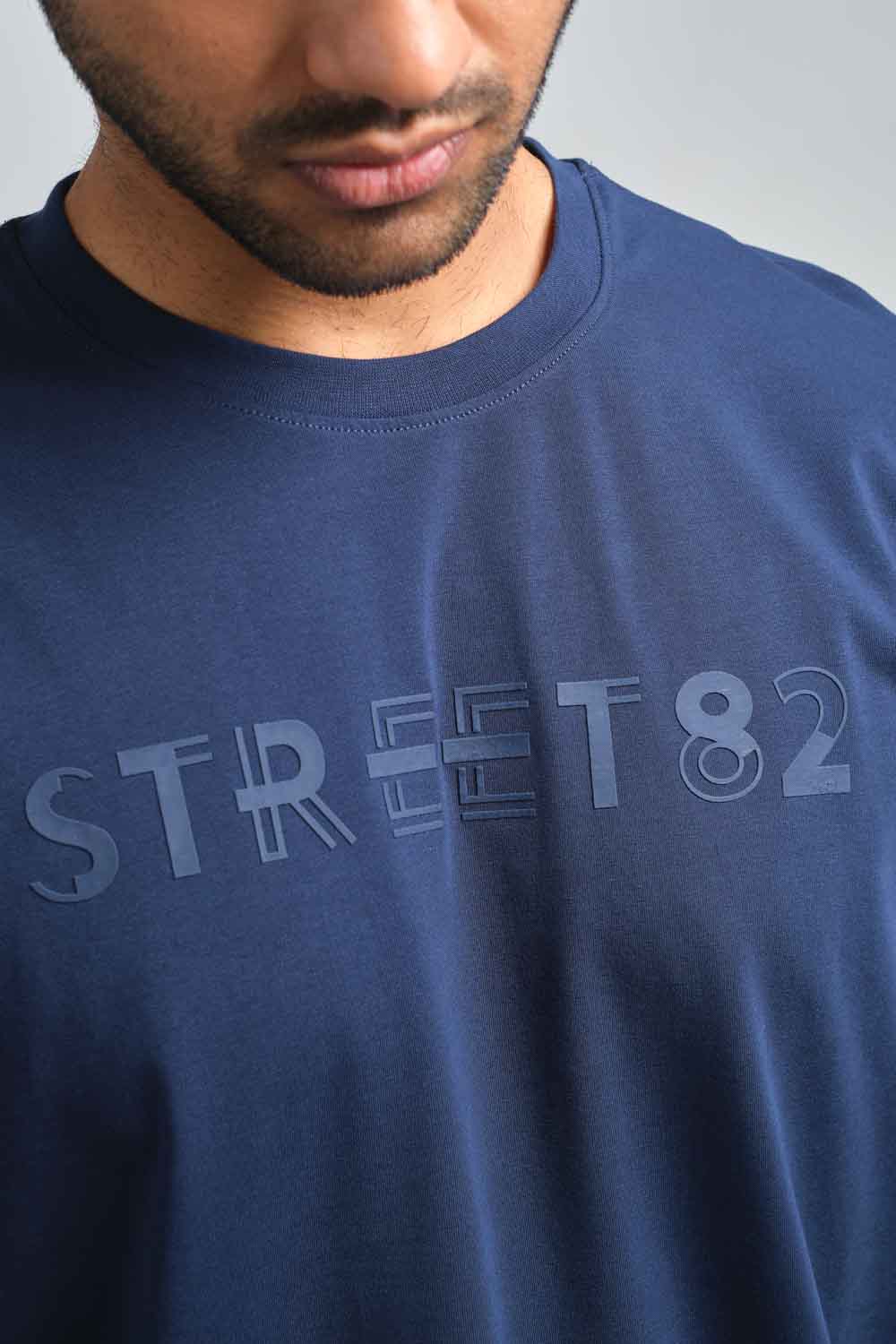 STREET82 large Logo - high build silicon print in front. Blue, black and white solid lycra jersey oversize T-shirt