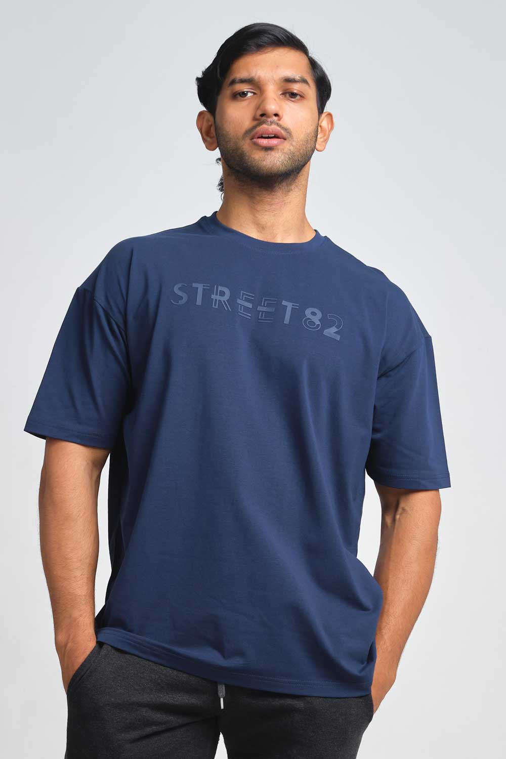 STREET82 large Logo - high build silicon print in front. Blue, black and white solid lycra jersey oversize T-shirt